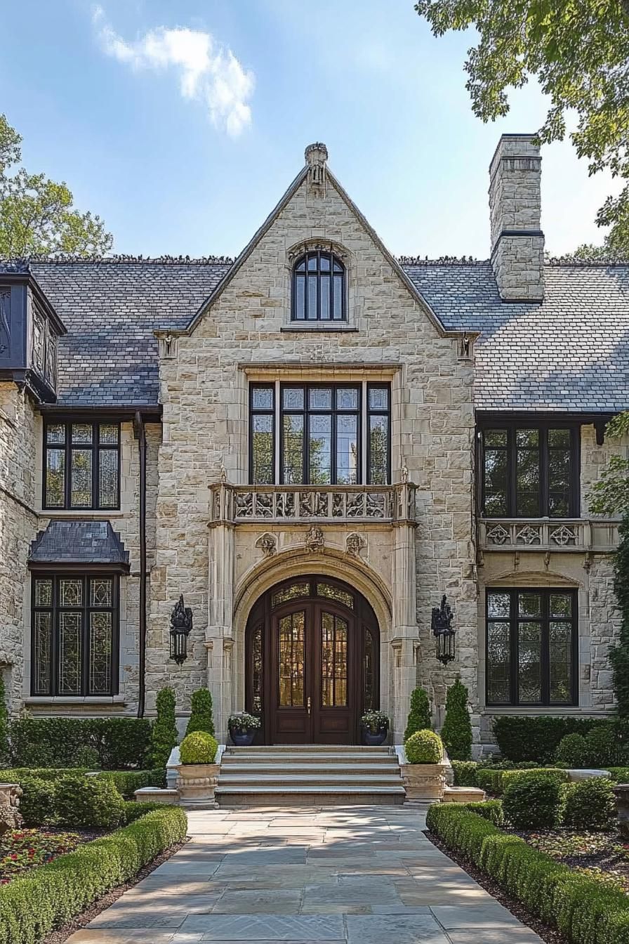 Elegant stone manor with grand arched entrance