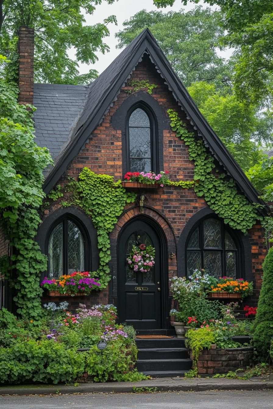 Charming red-brick house with lush ivy and vibrant flowers