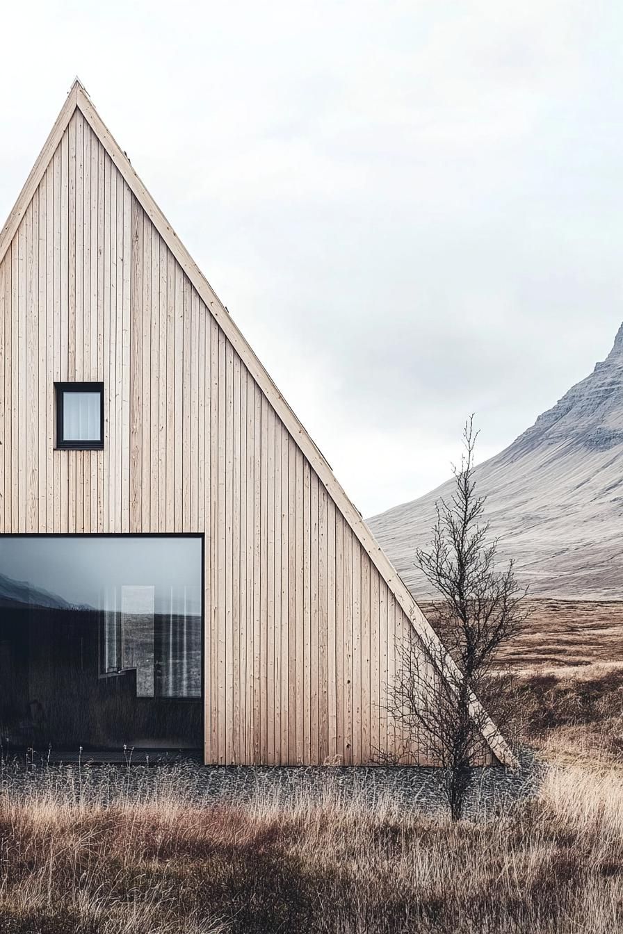 a frame house facade with light oak cladding stunning Icelandic landscape 3