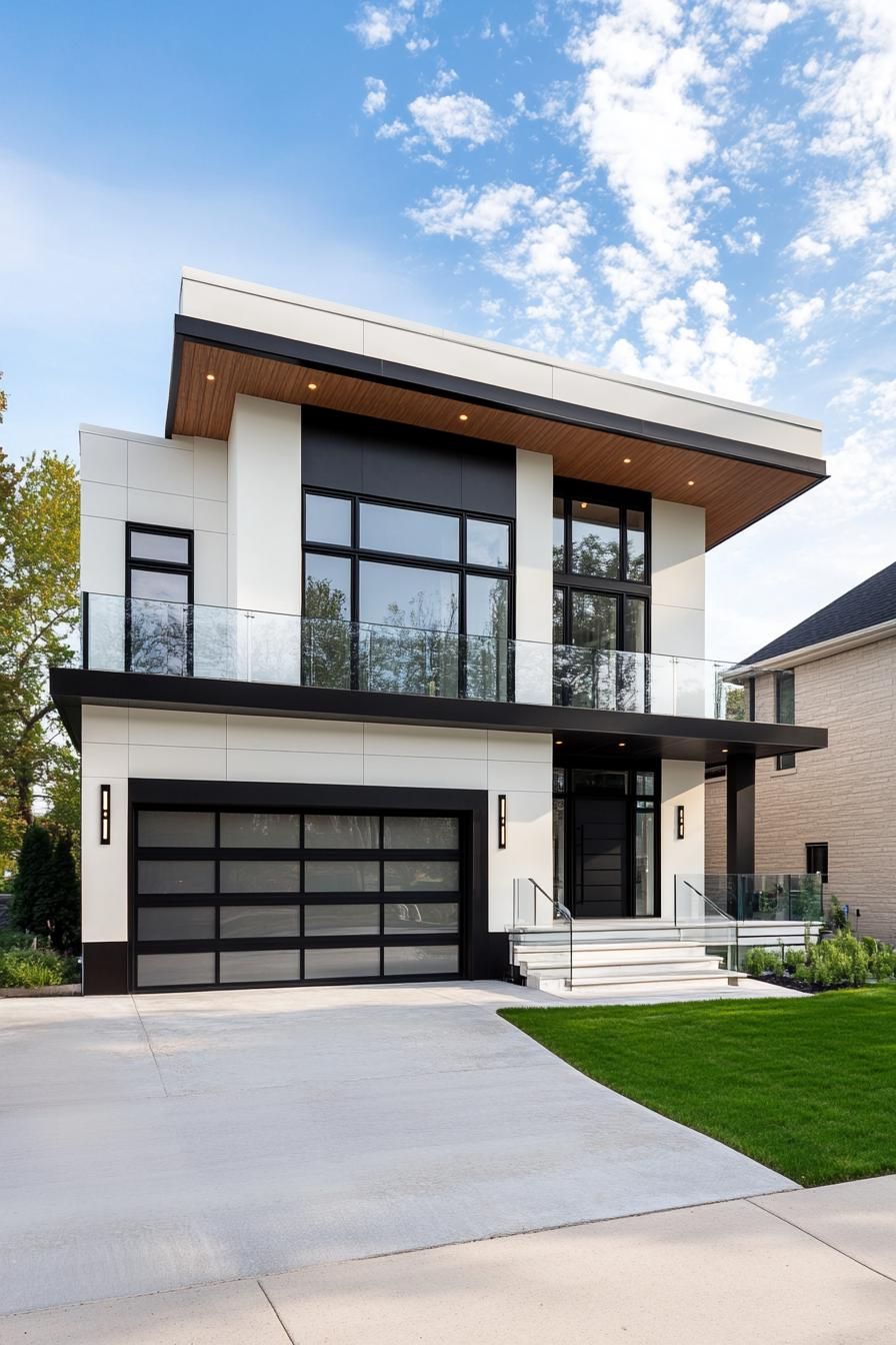 modern villa design with geometric facade white siding with black slate accents large balcony with glass railings garage underneath concrete