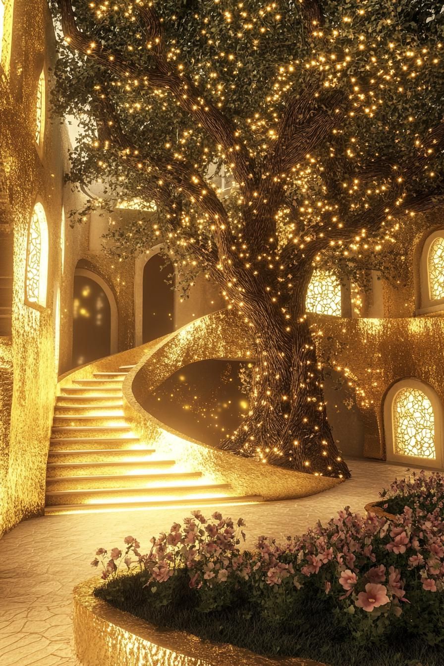 futuristic dreamscape of a golden courtyard with a large tree in the middle with fairy lights there are curved stairs from both sides of the tree