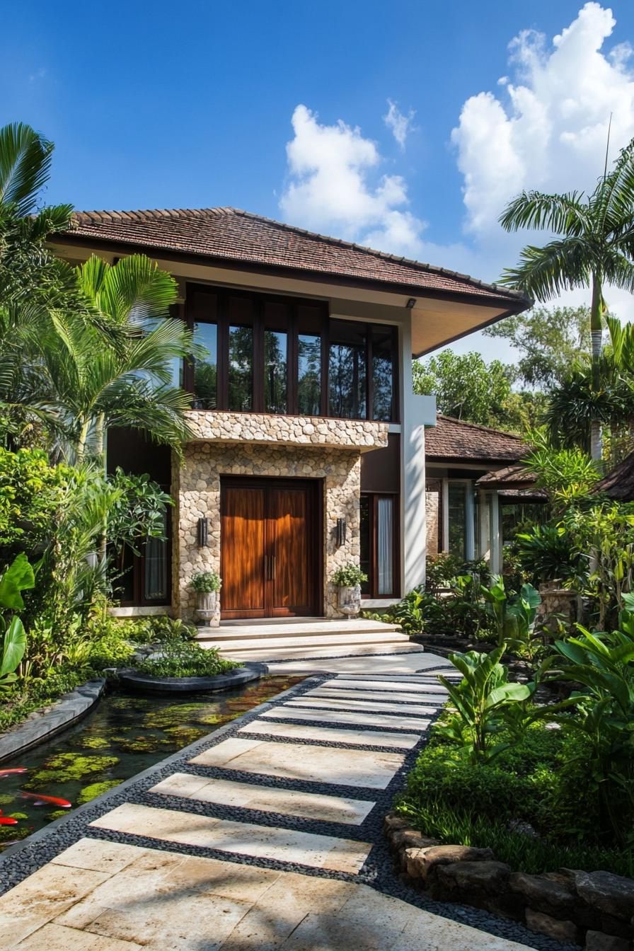 Two-story Bali villa surrounded by lush greenery and a stone pathway beside a koi pond