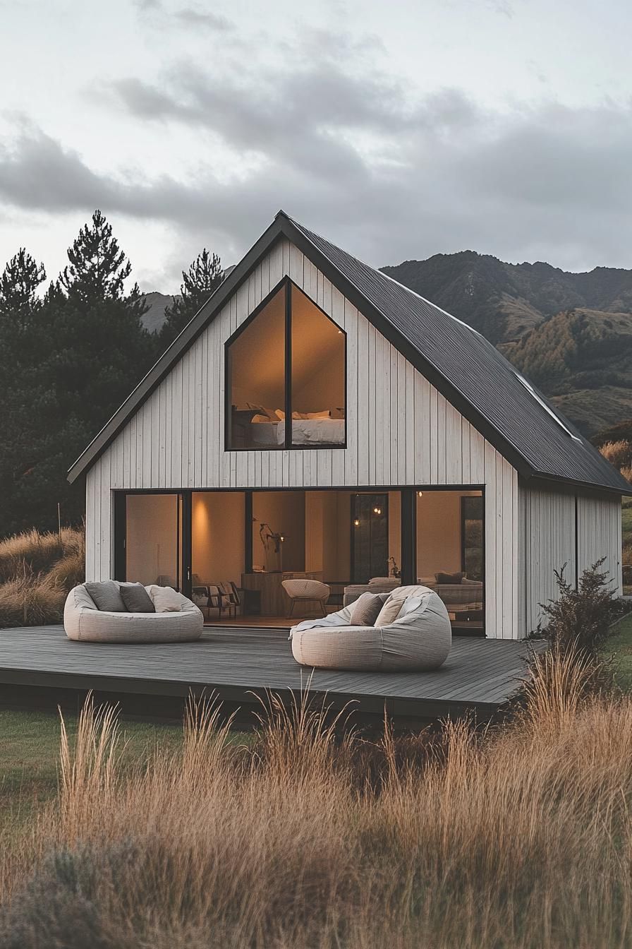 Barn-style house with large windows overlooking mountains