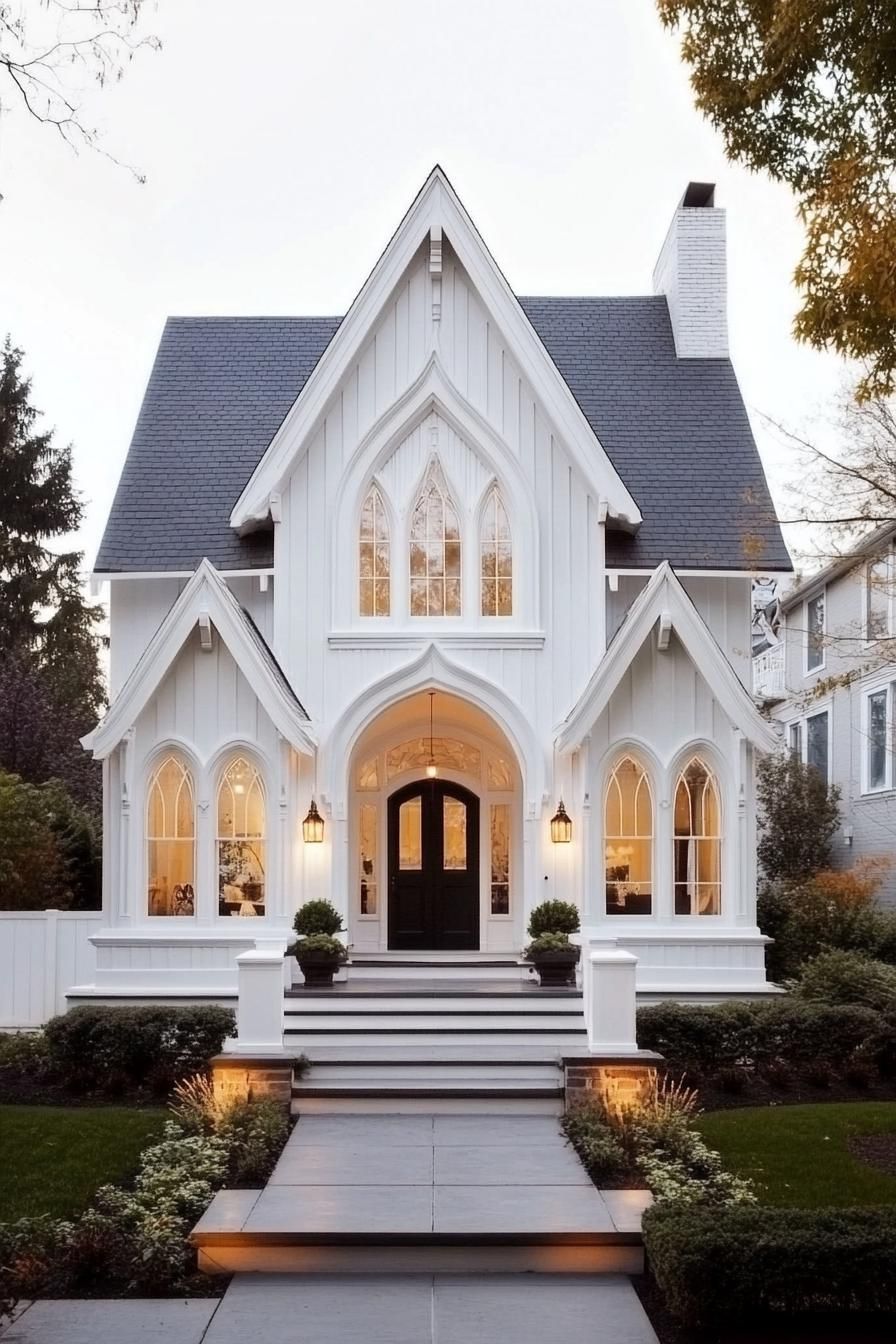 White Gothic Revival house with arched windows