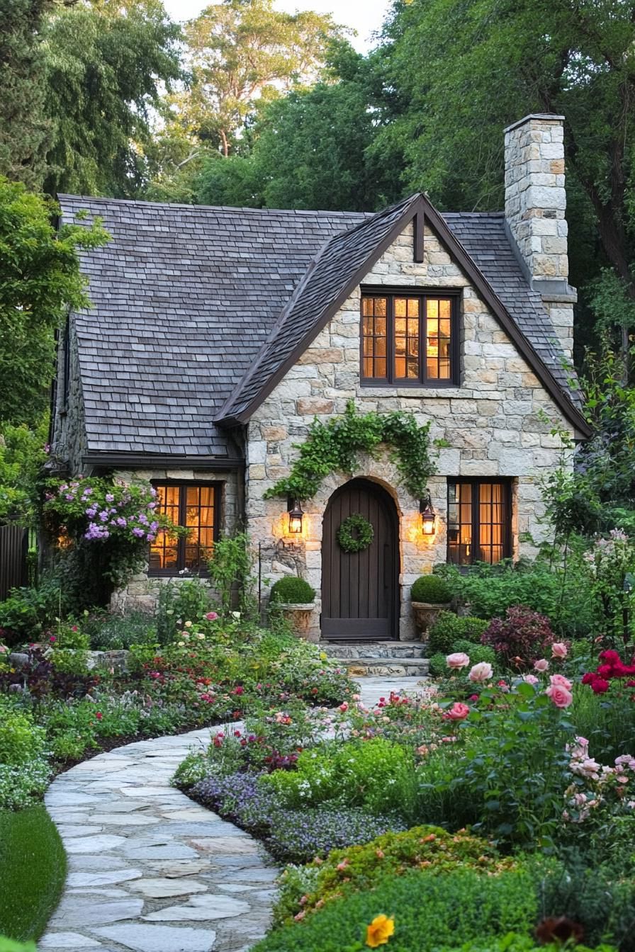 Stone cottage with a lush garden pathway