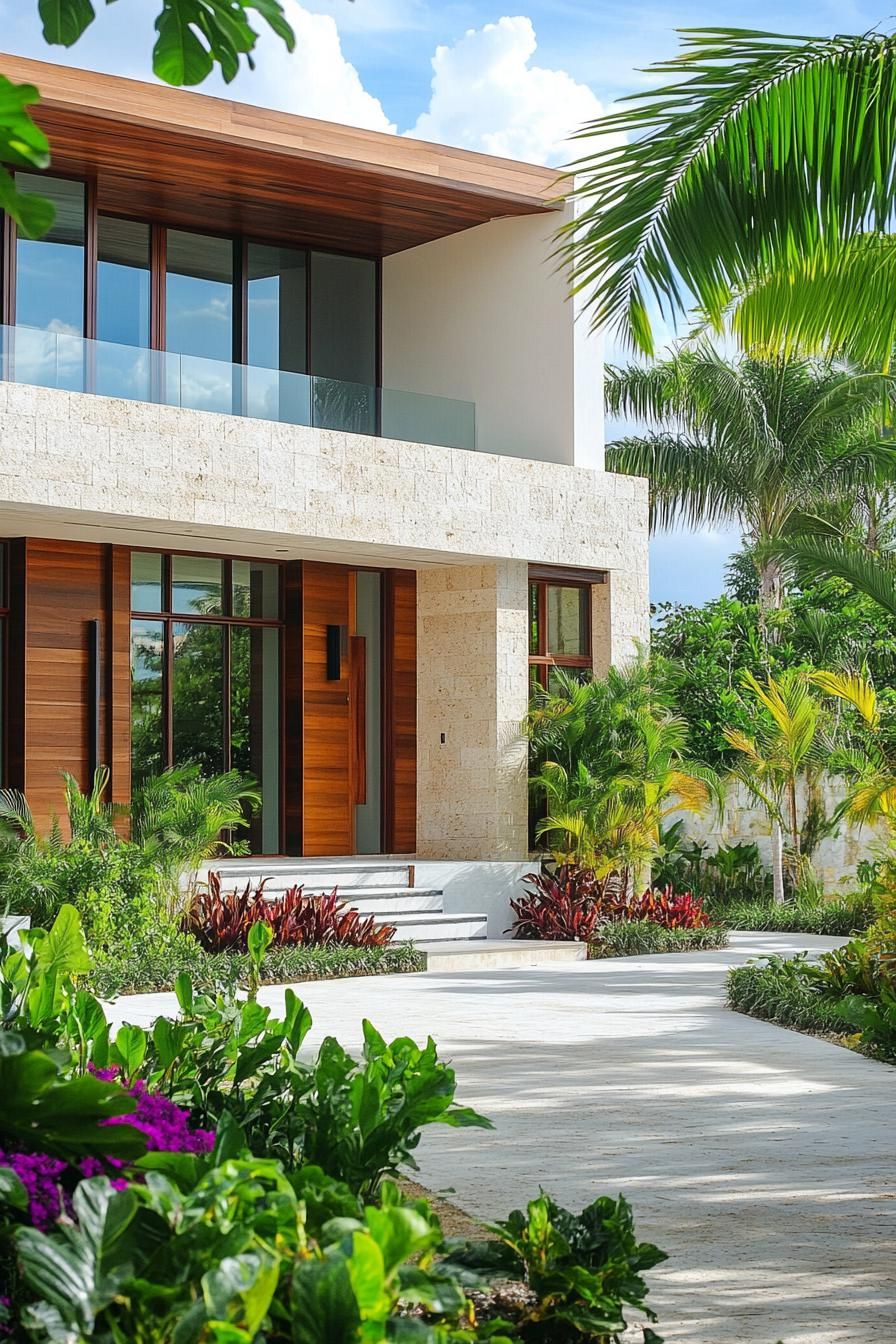 Modern tropical villa surrounded by lush greenery and palm trees