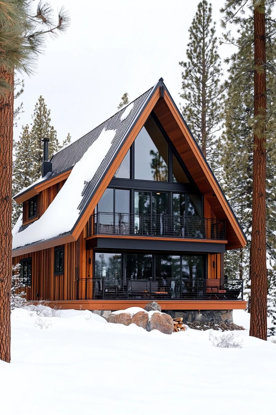 A-frame cabin with snow on roof in a winter setting