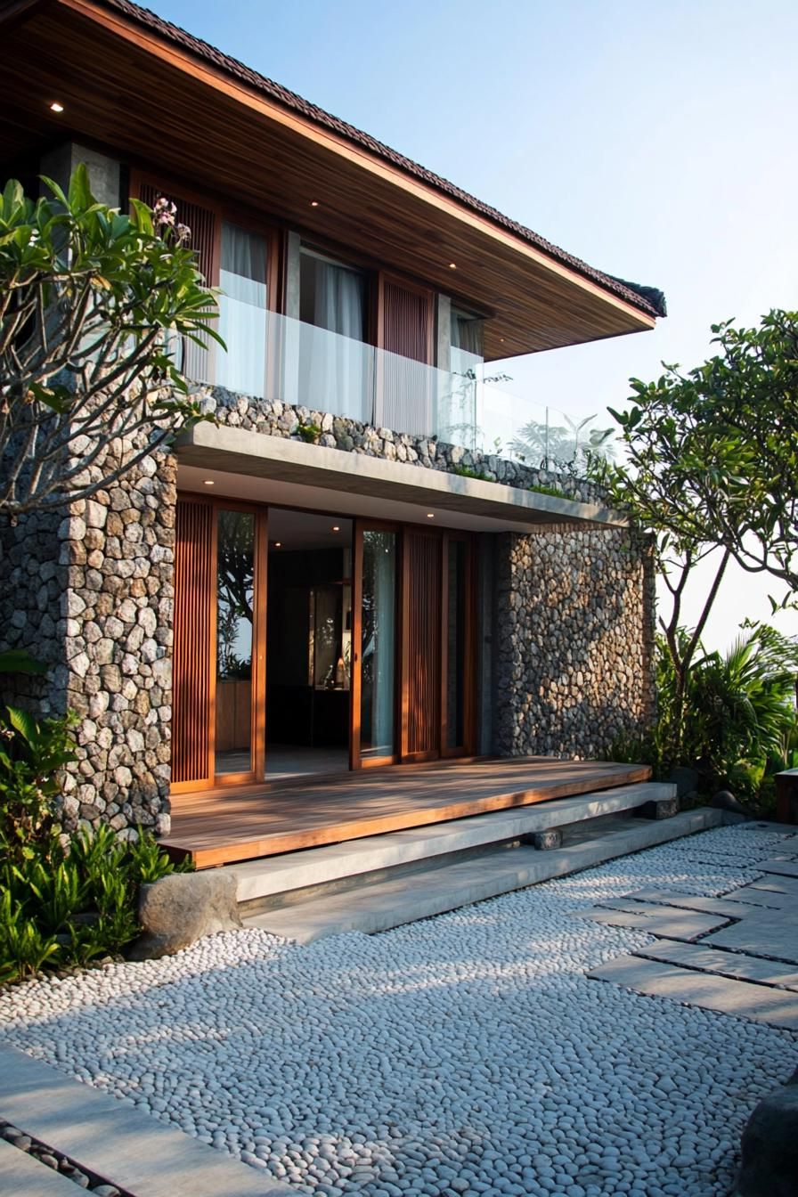 Stone house with lush greenery and a pebble pathway