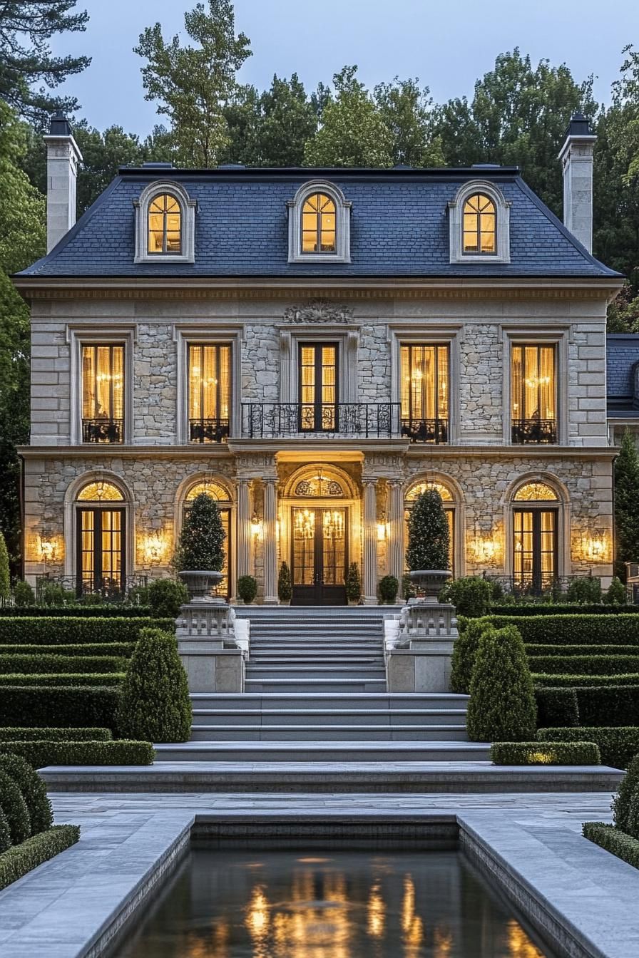 Classic mansion with illuminated windows and trimmed hedges