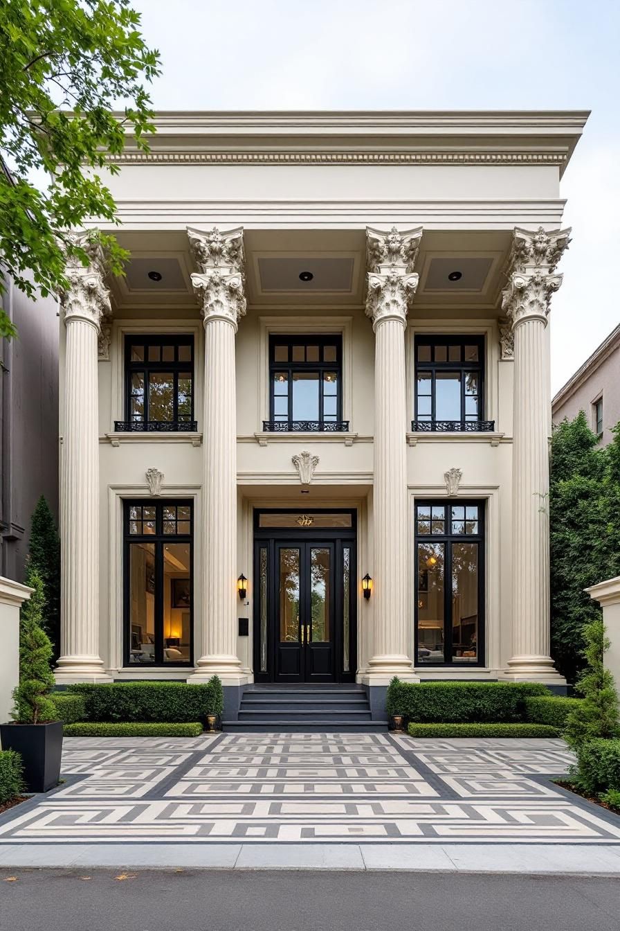 Grand entrance of a luxurious home with towering columns