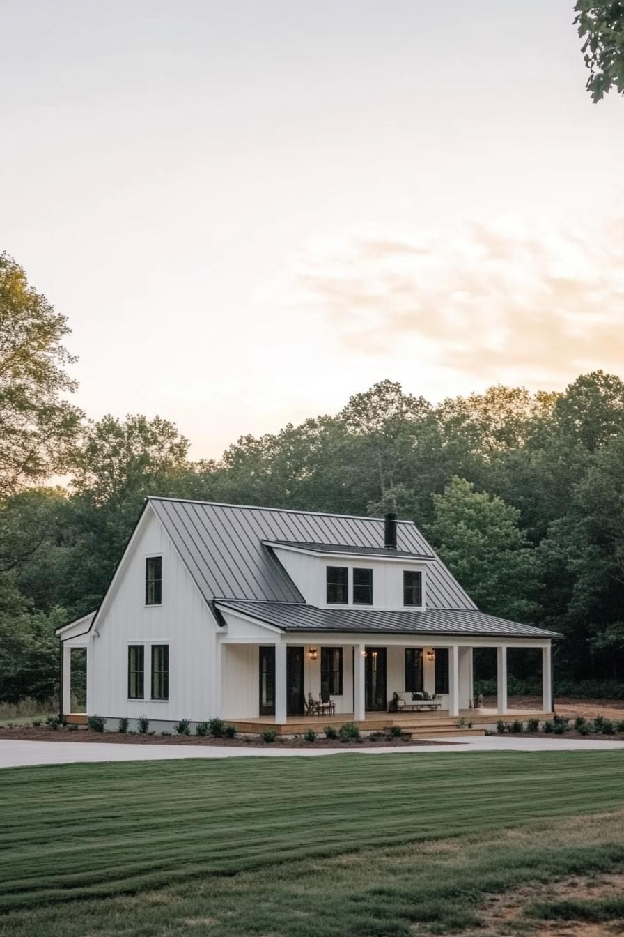 White house with gray metal roof in lush green surroundings