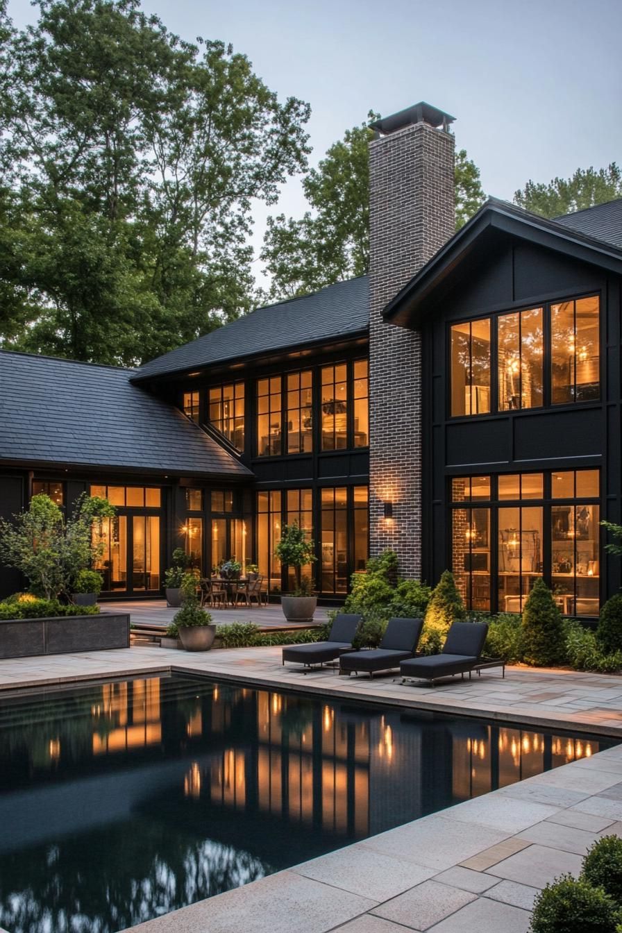 Modern black and brick house with pool and greenery