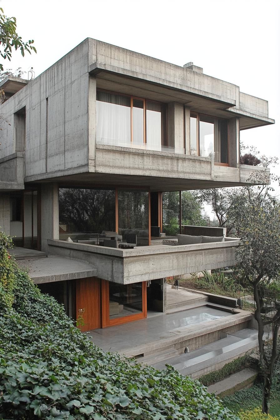 A modern concrete house with large windows and layered balconies