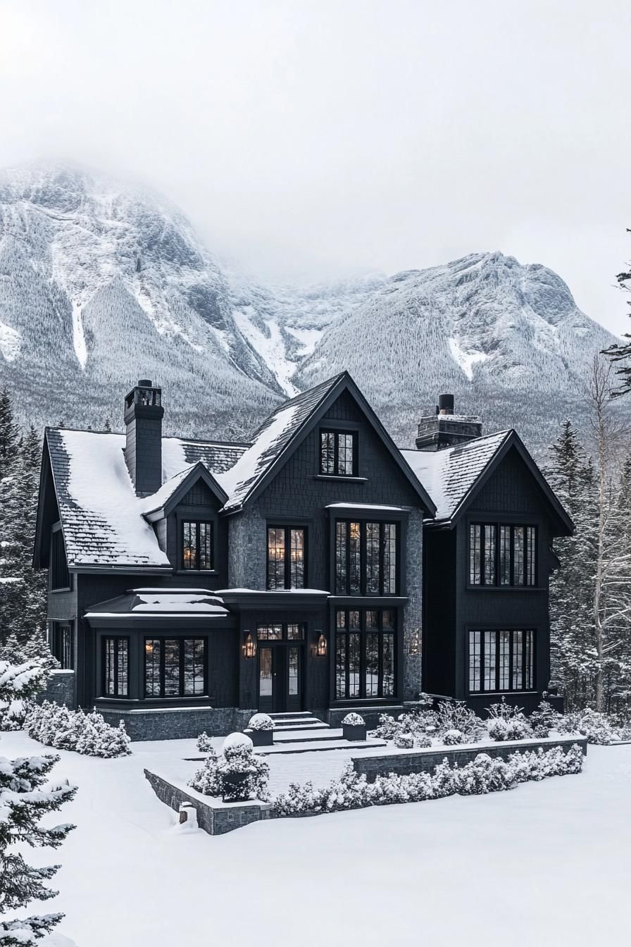 high angle view of large black manor house modern windows roof with gables and black shingles winter wonderland landscape with majestic snowy