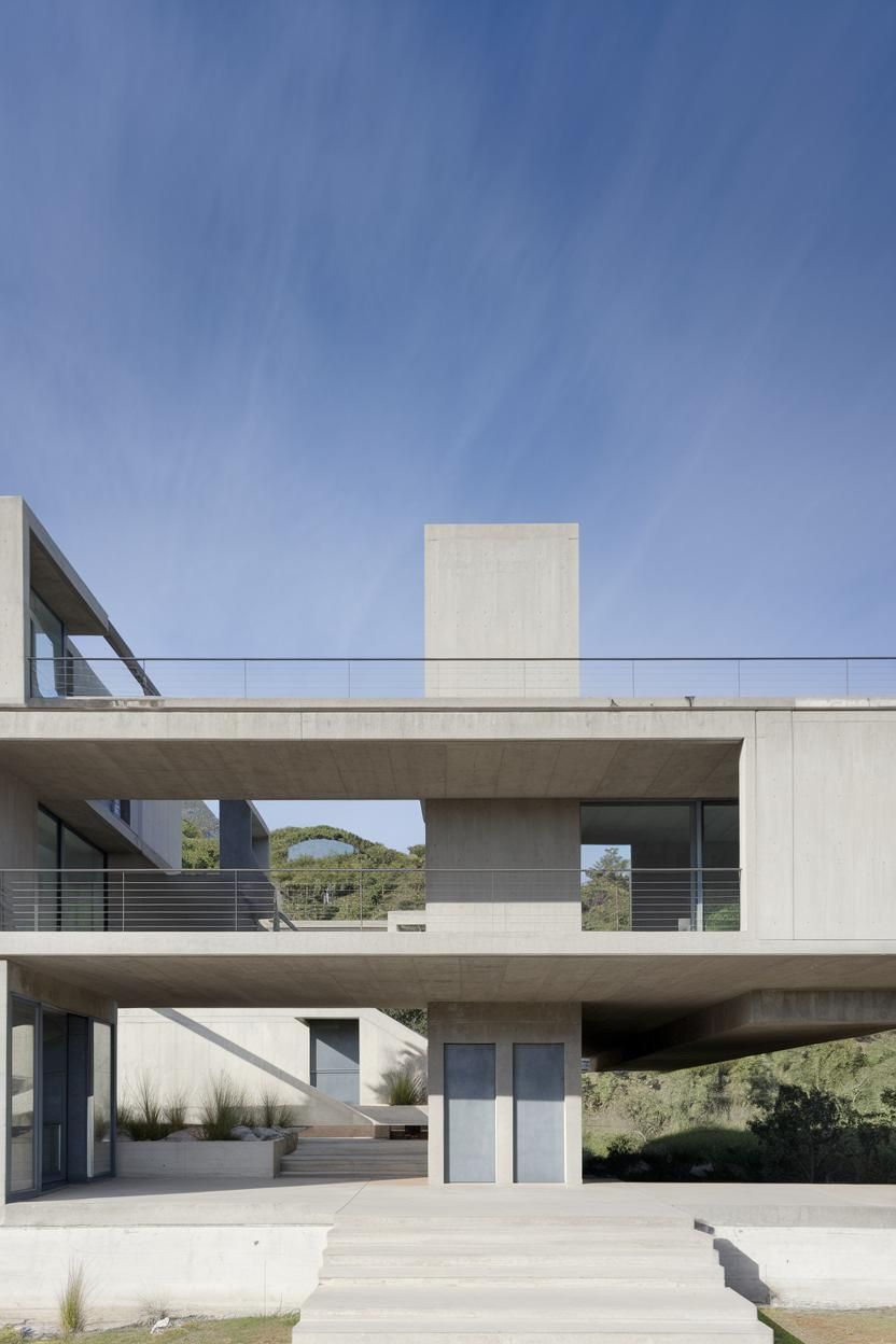 Bold concrete structure with glass accents against a clear sky