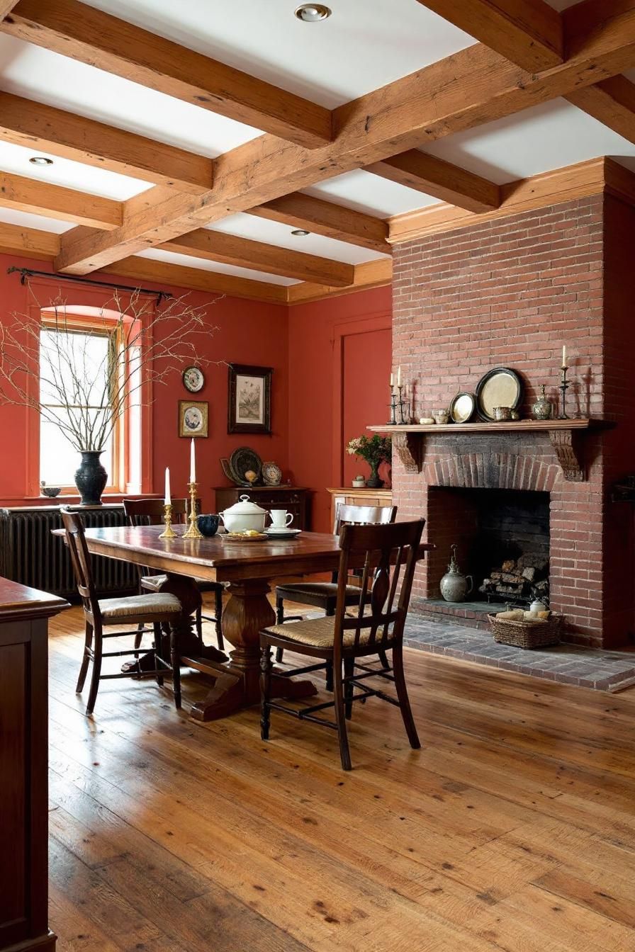 Cozy colonial room with a wooden table and brick fireplace