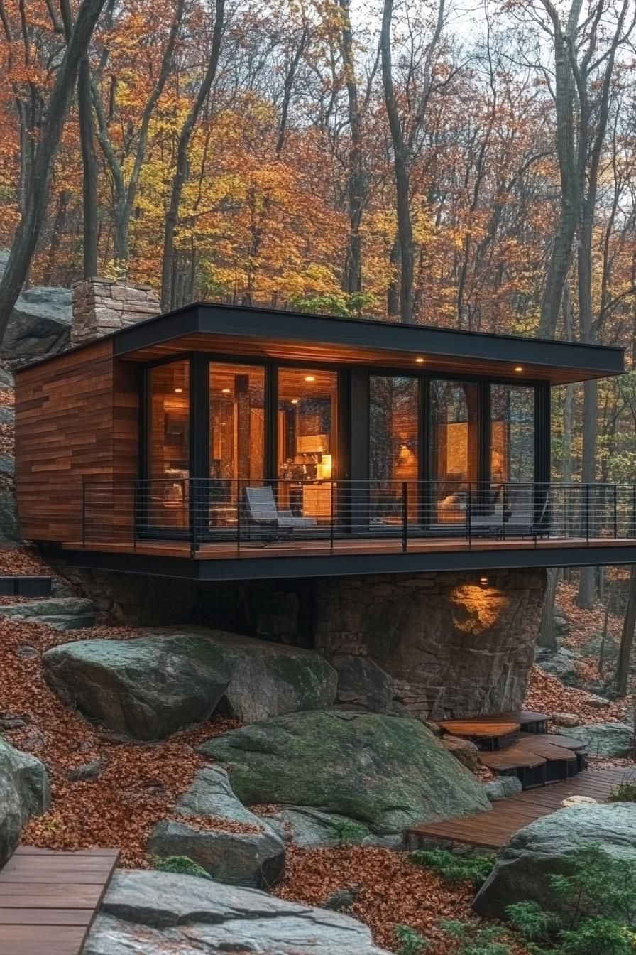 Modern cabin perched on large rocks with fall forest backdrop