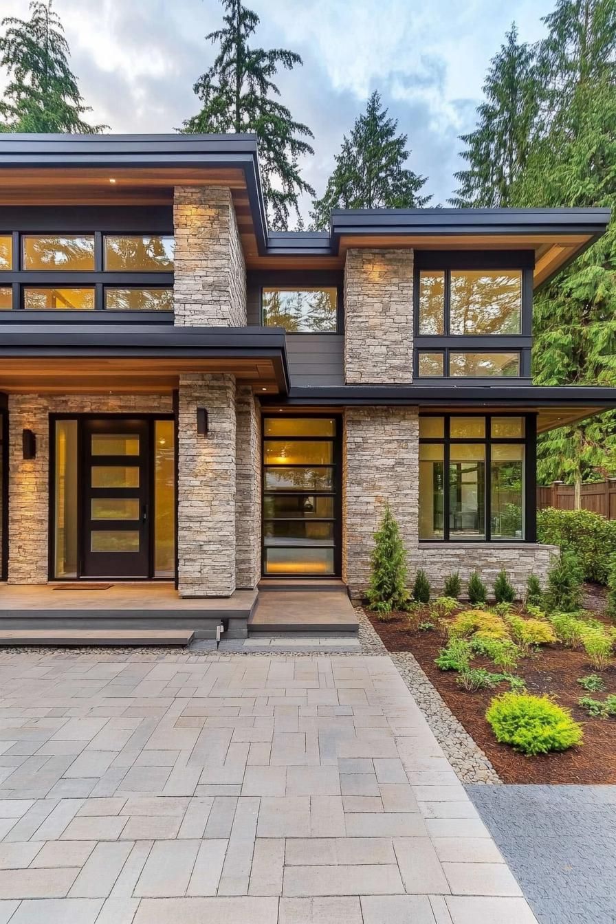 Modern house with stone facade and large windows