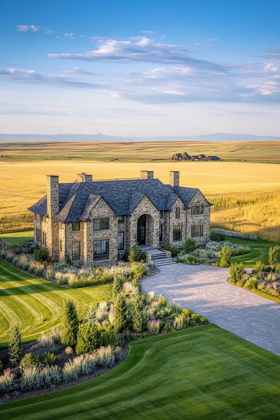 Charming stone mansion surrounded by lush landscape