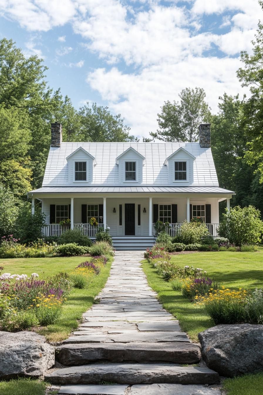 White cottage with stone path and lush garden