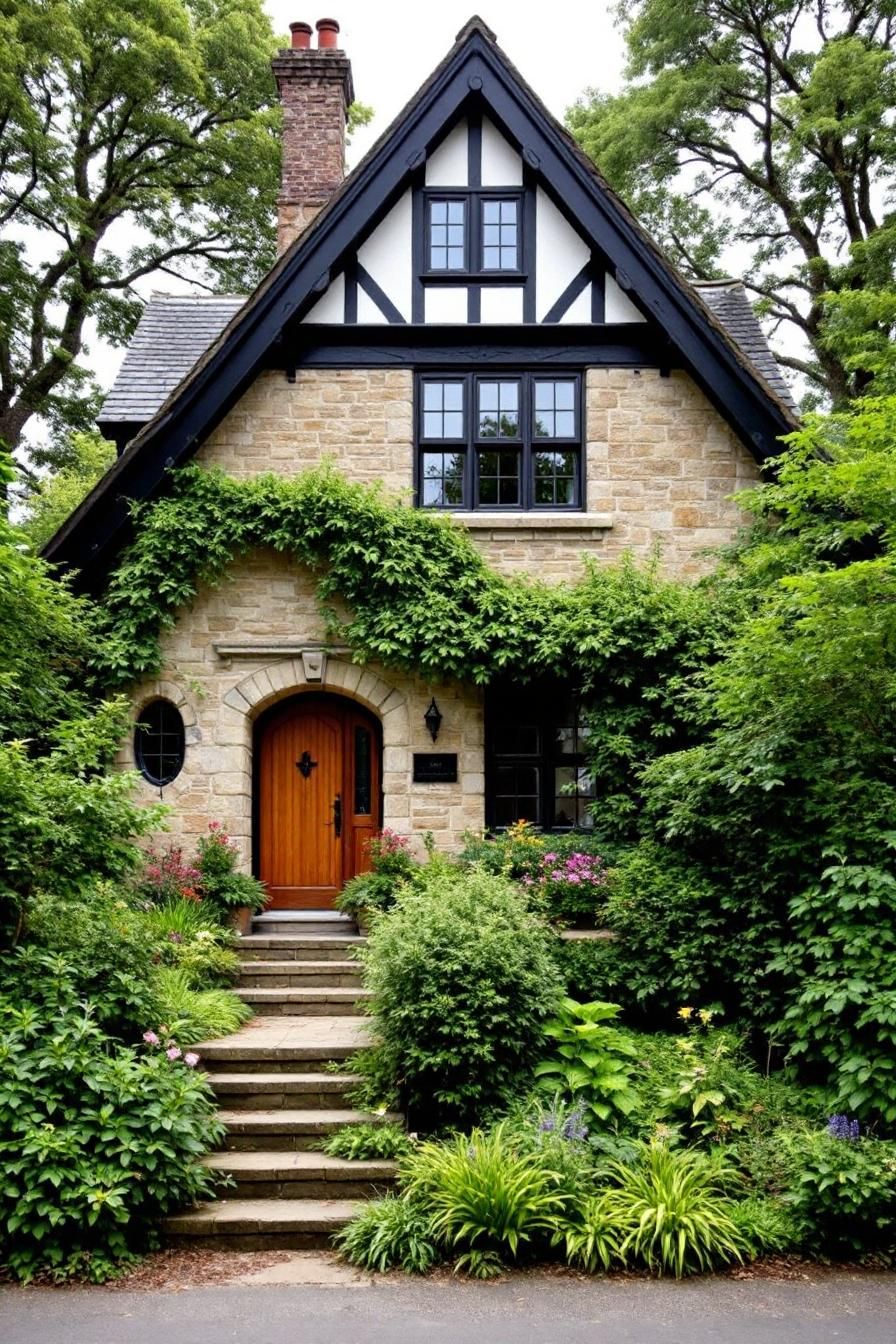 Vine-covered stone cottage with wooden door