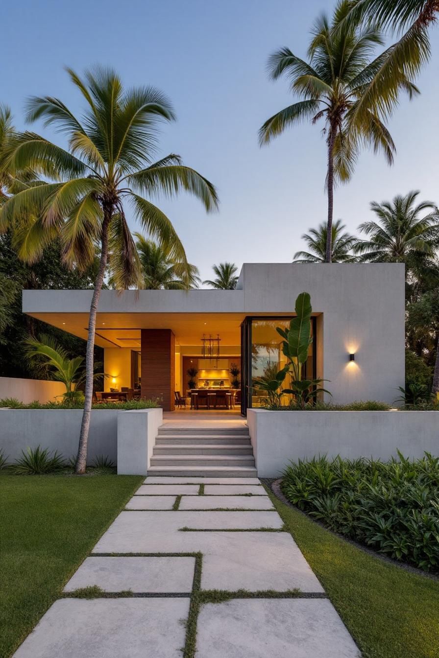 Modern villa framed by tall palm trees