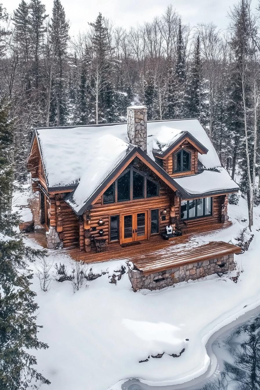 Log cabin surrounded by snow and trees