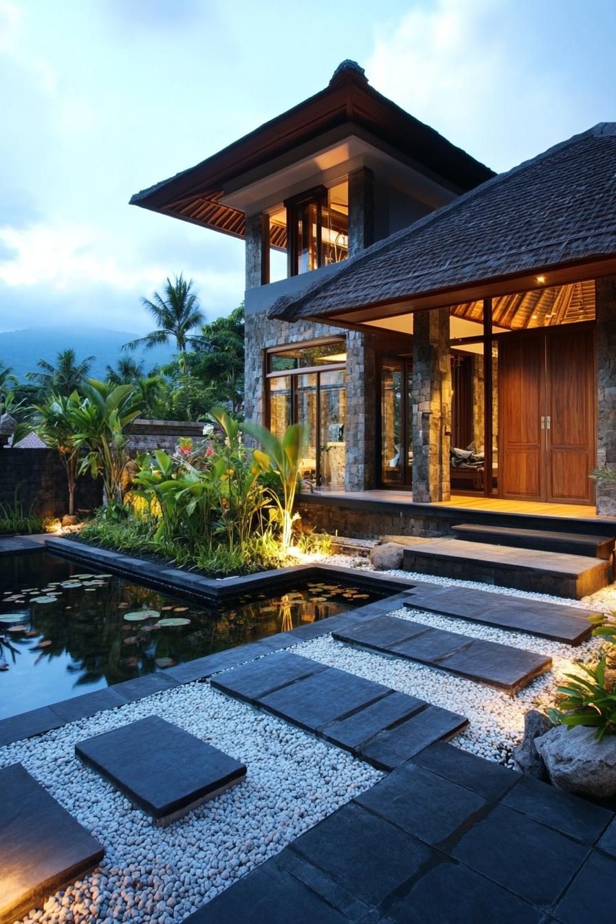 Modern Balinese house with a stone path and tranquil pond at dusk