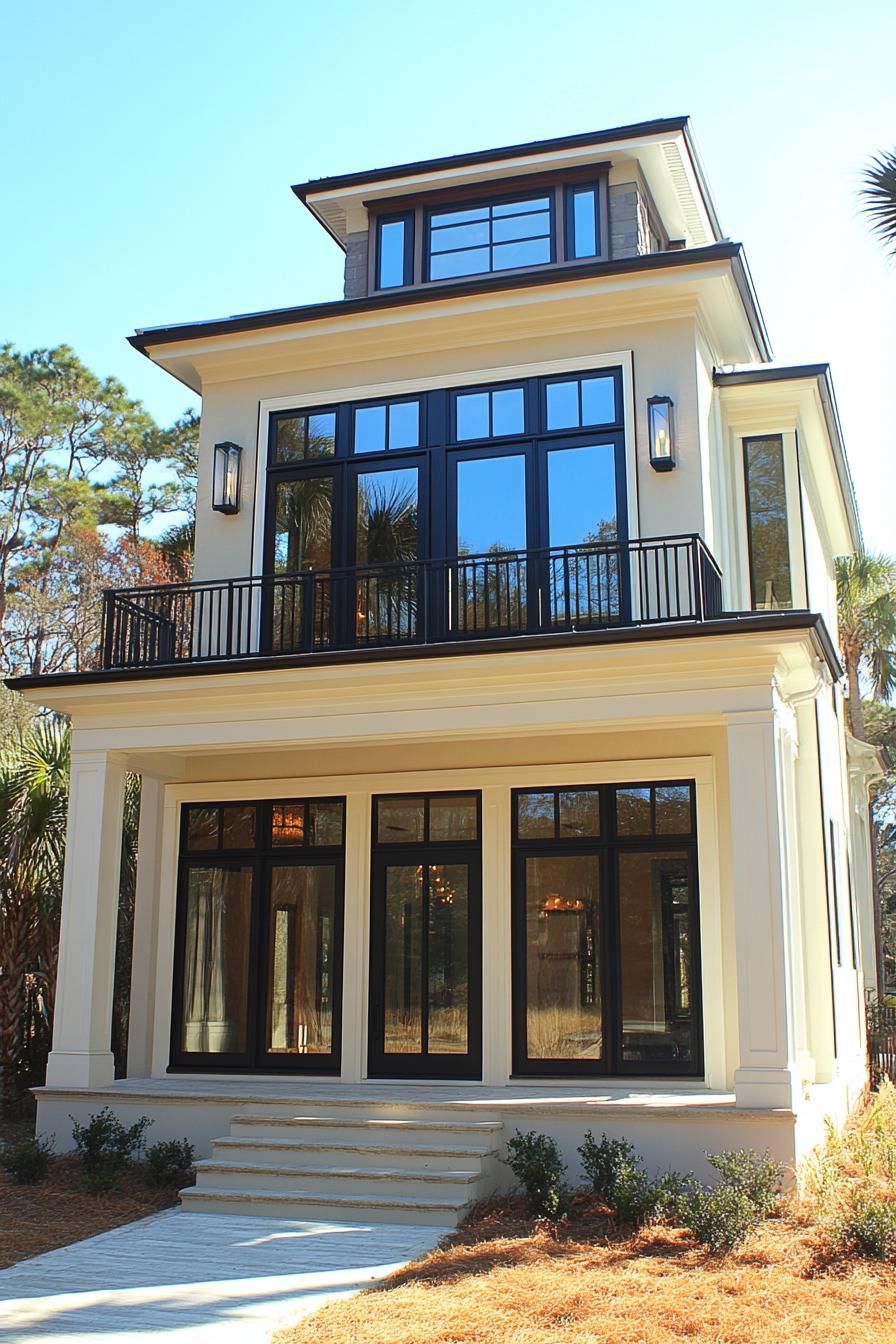 Modern multi-story house with large windows and a neutral façade, set among trees