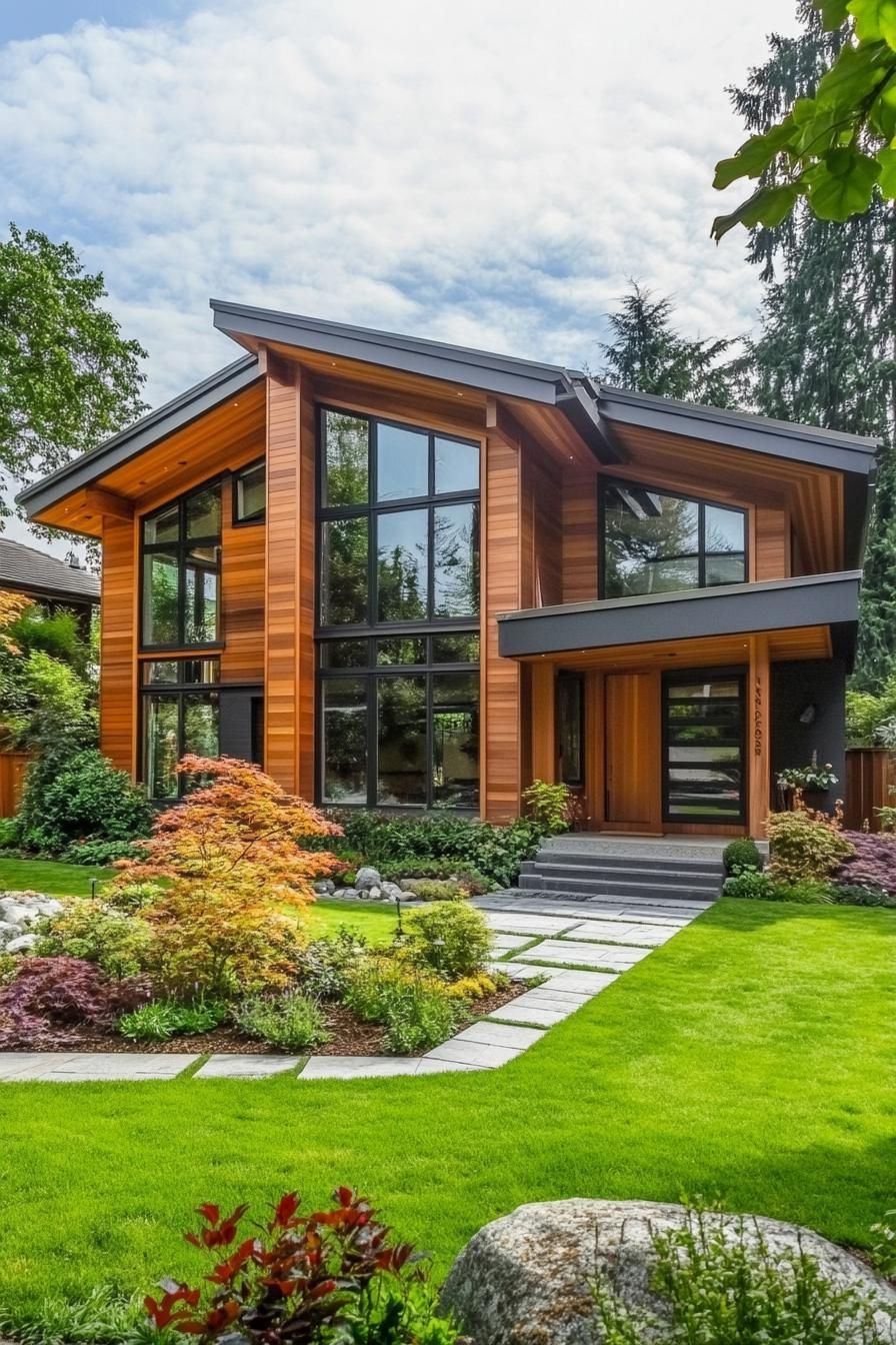 contemporary house geometric facade in all wood siding with pattern slatting large windows landscaping with geometric shrubs and lawn 3