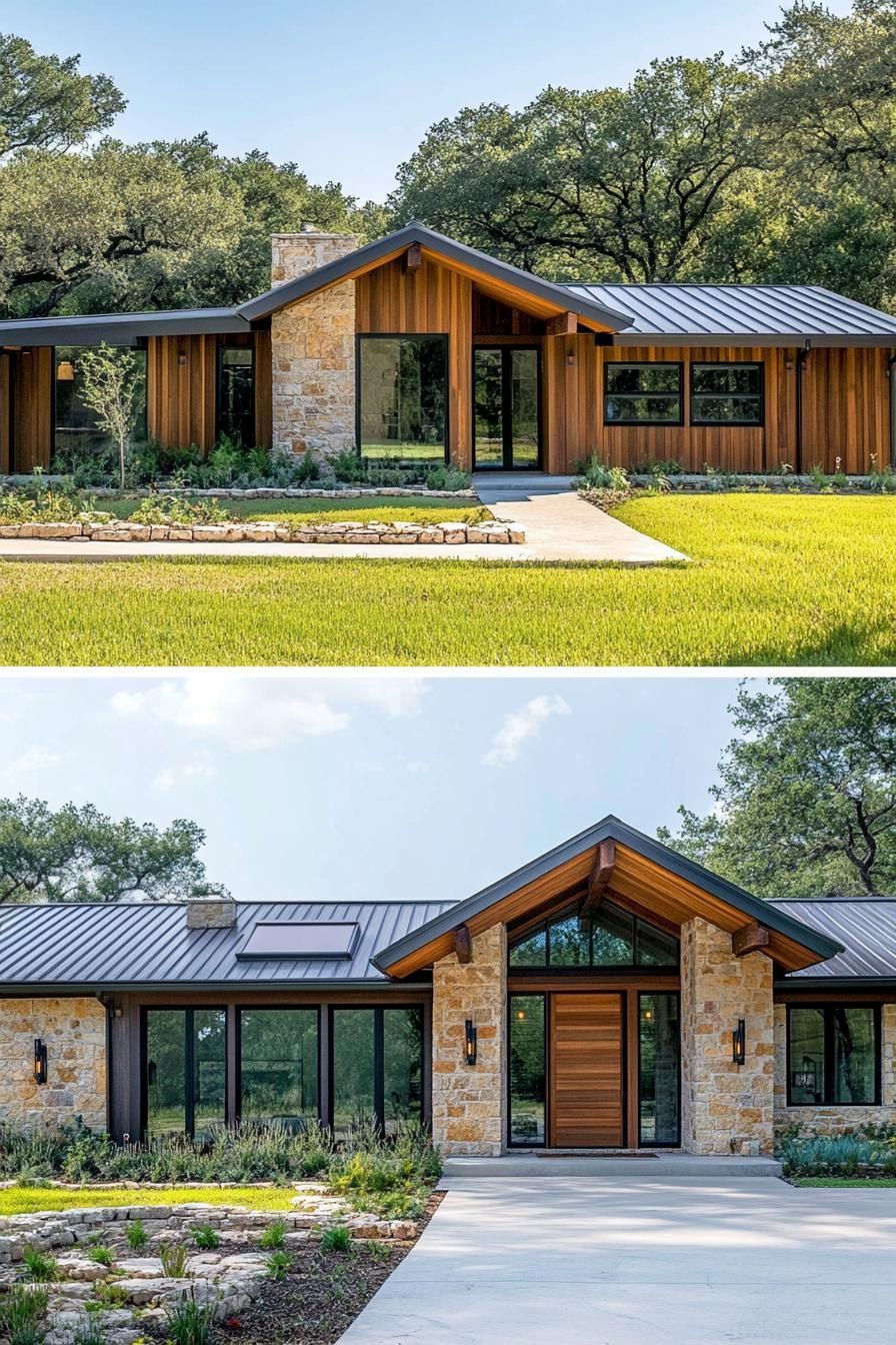 Ranch-style home with stone facade and sleek metal roof