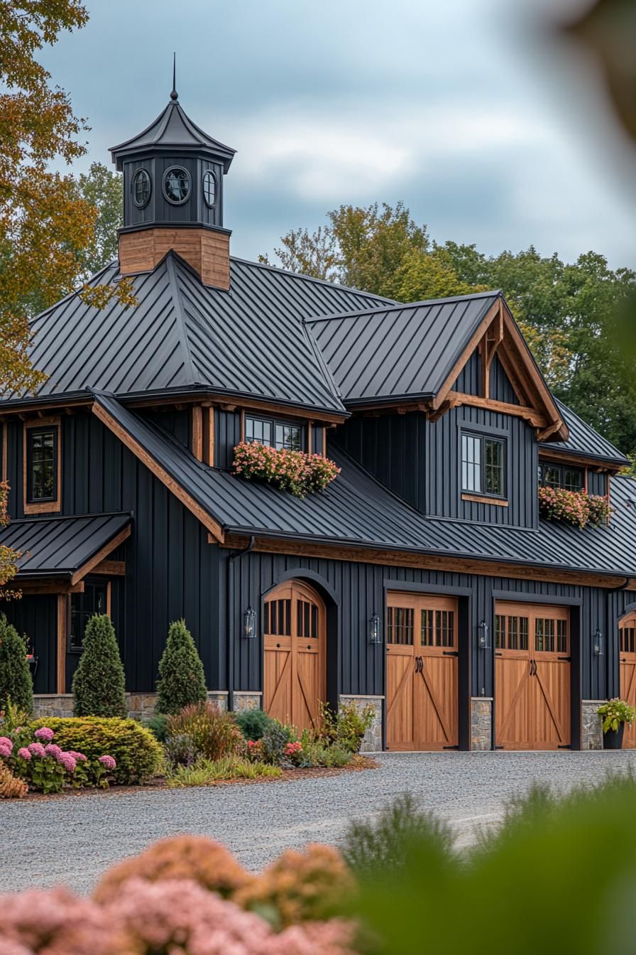 Modern barn house with dark siding and wooden accents