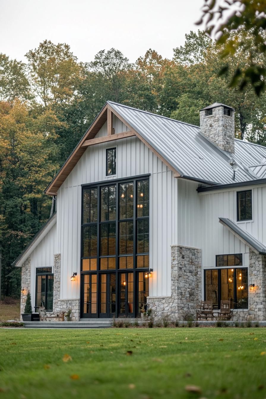 Contemporary barndominium with large glass windows and stone accents