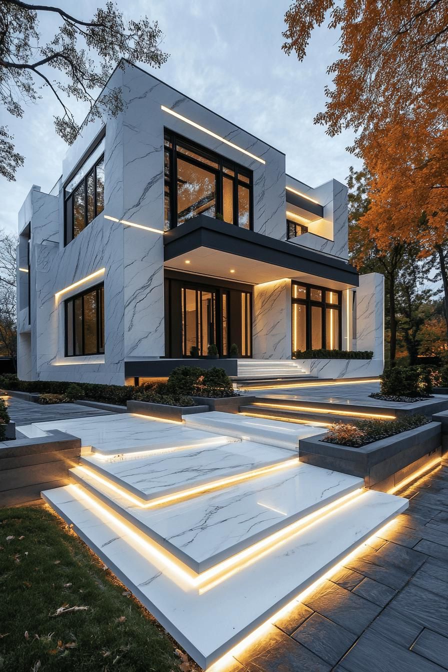 modern villa design with geometric cascading facade white siding inset windows with black trim large accent white marble front wall with LED 3