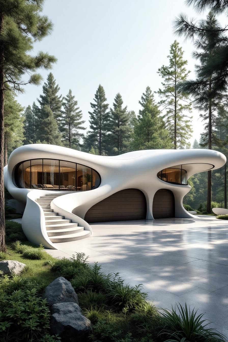 Futuristic home with organic curves and large windows in a forest setting