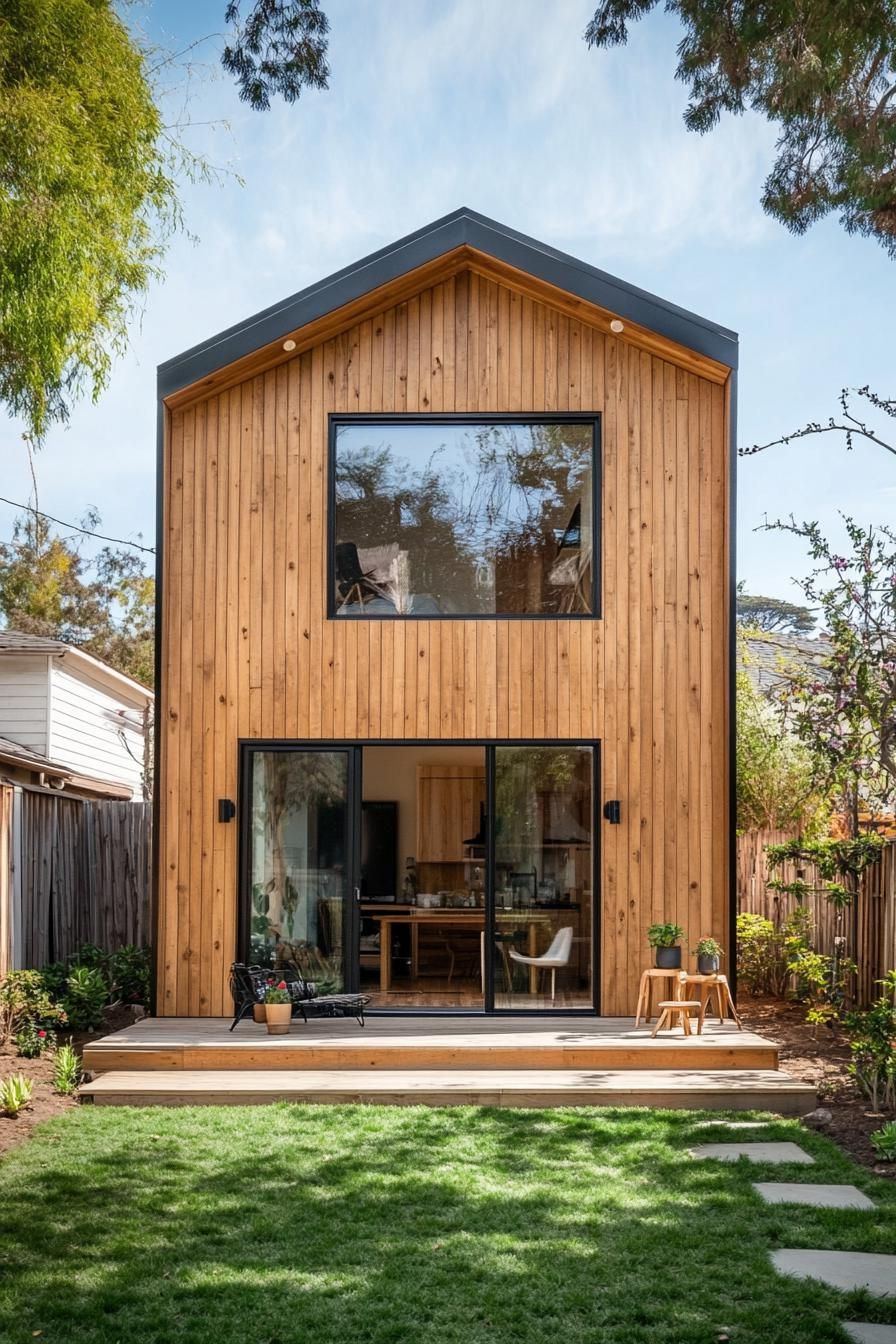 Wooden two-story house with large windows and surrounding garden