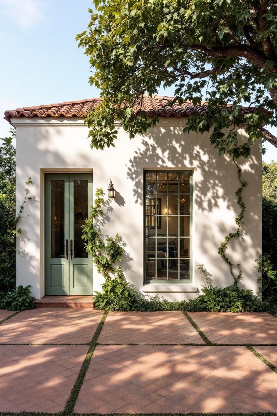 Spanish-style bungalow with green doors