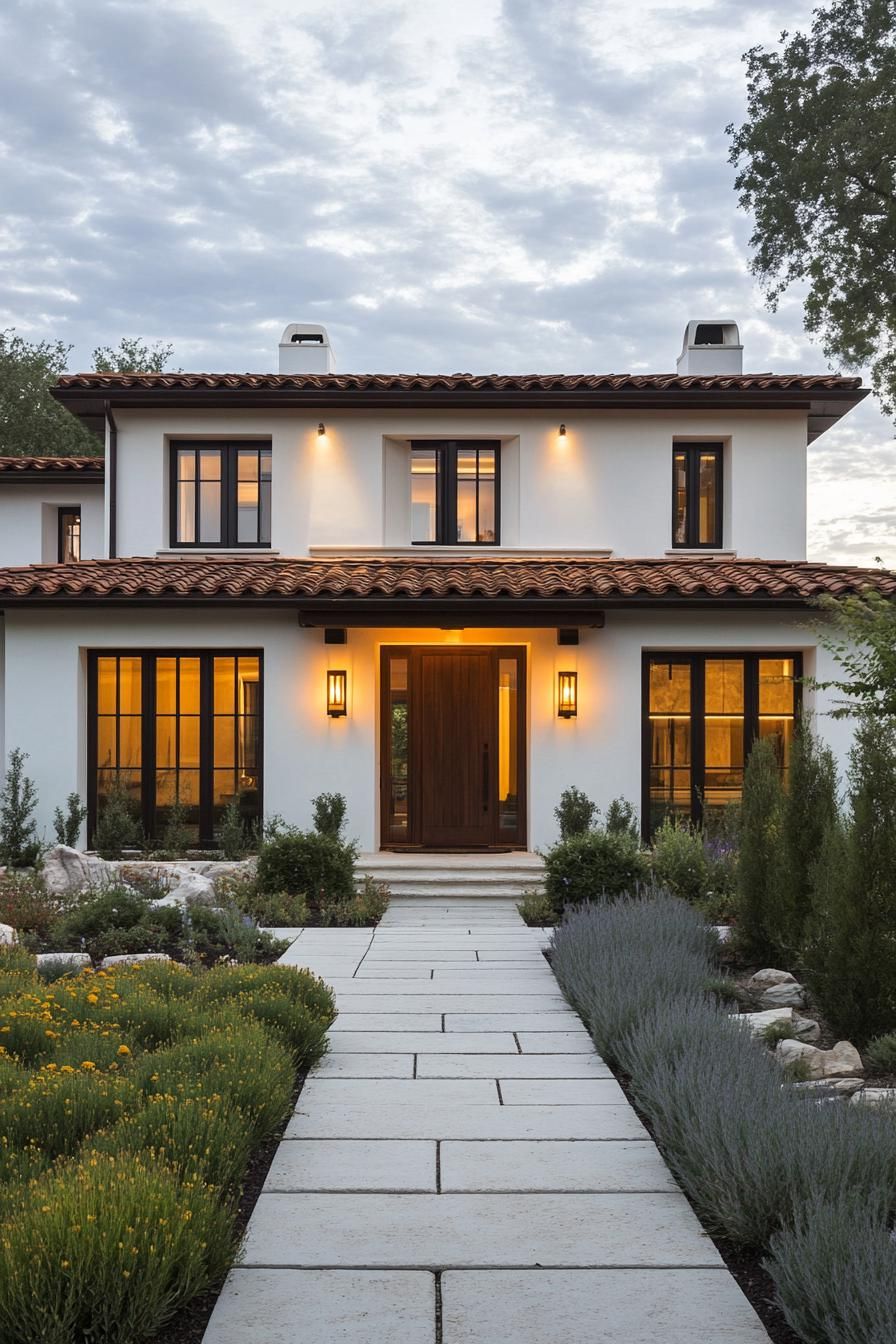 Modern villa with terracotta roof and warm lighting