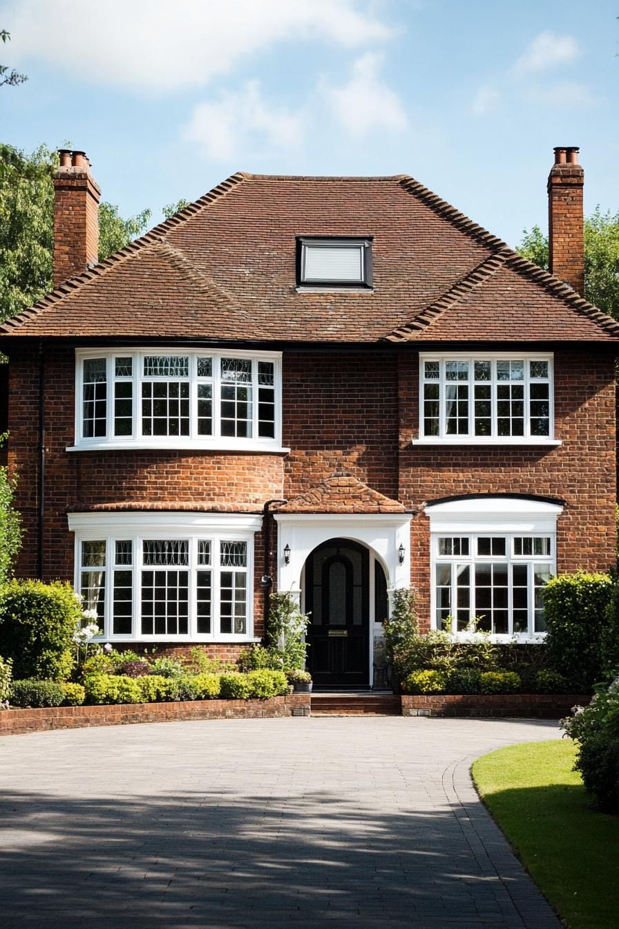 A charming two-story red brick house with white-framed windows and twin chimneys