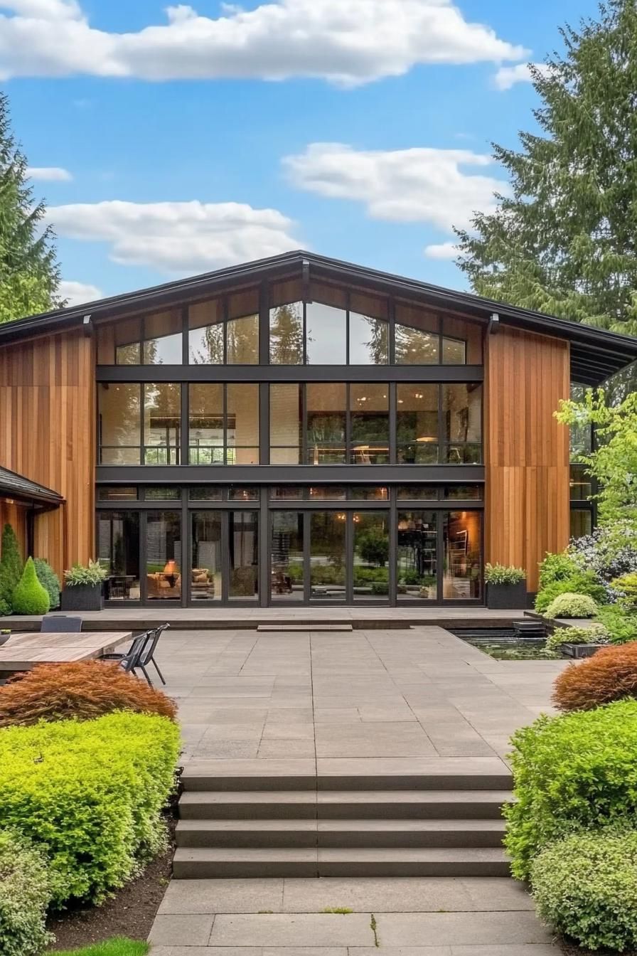 A modern home with large windows surrounded by lush greenery