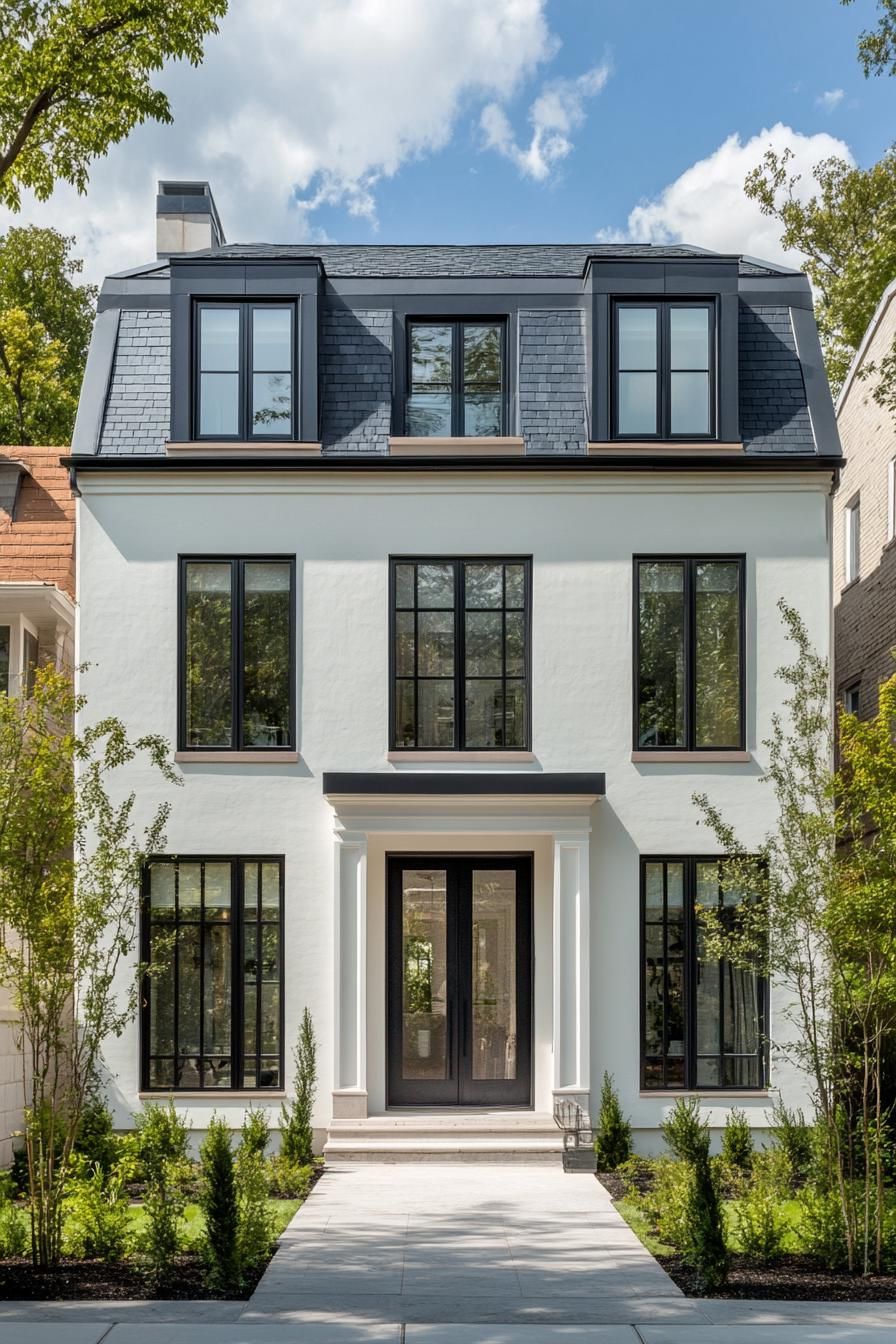 Modern townhouse with dark roof and large windows