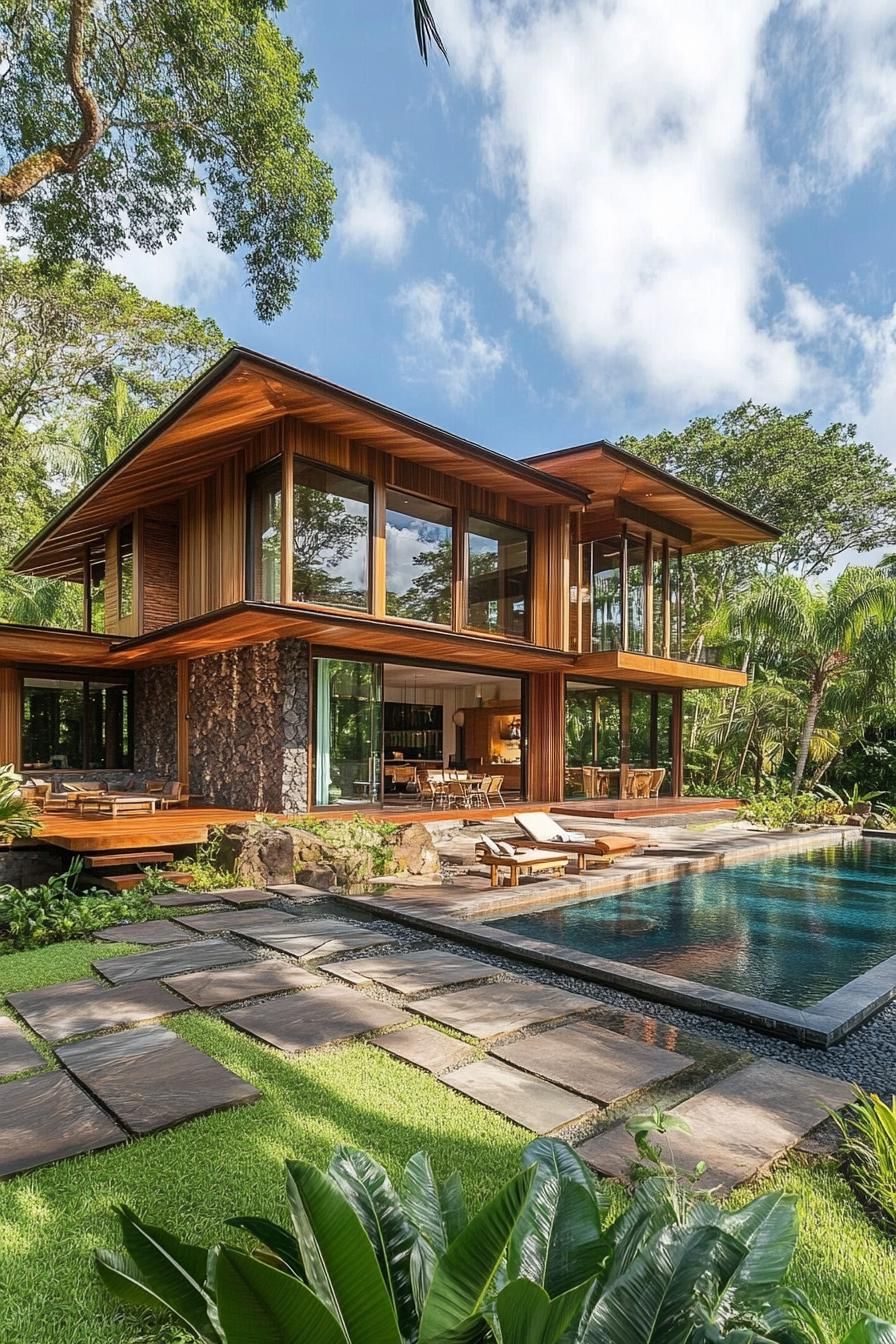 Tropical house with a wooden facade and large glass windows by the pool