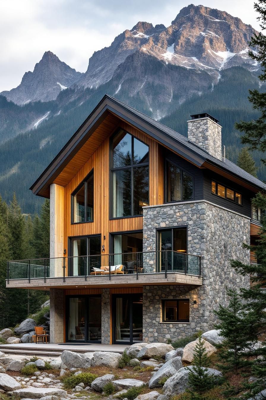 Modern cabin with stone and wood facade beneath tall mountain range