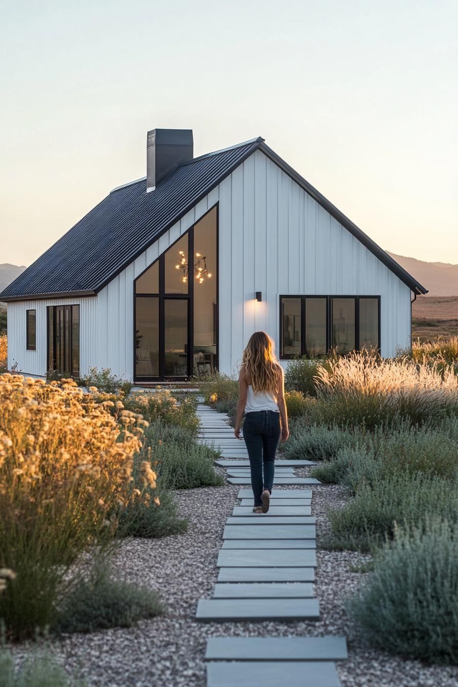 Modern barn house with a pathway and natural surroundings