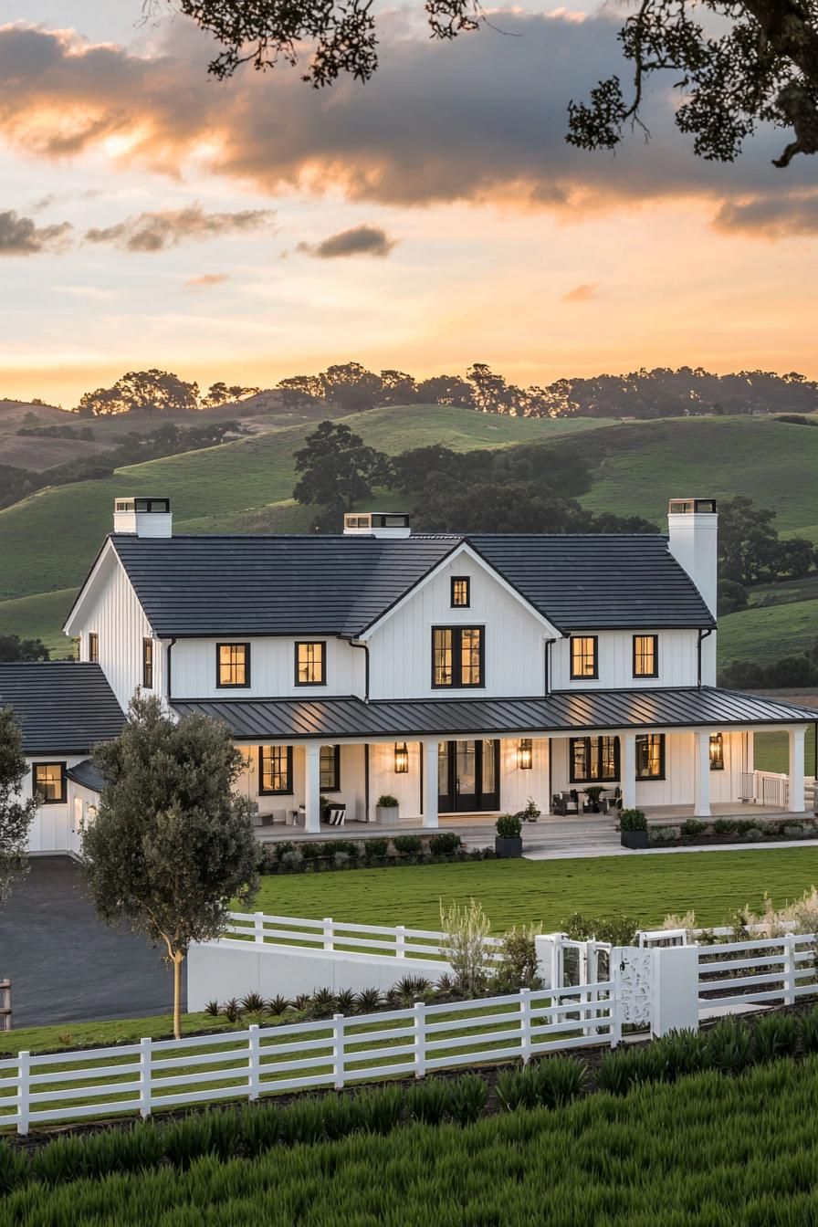 Farmhouse mansion with green fields and sunset sky