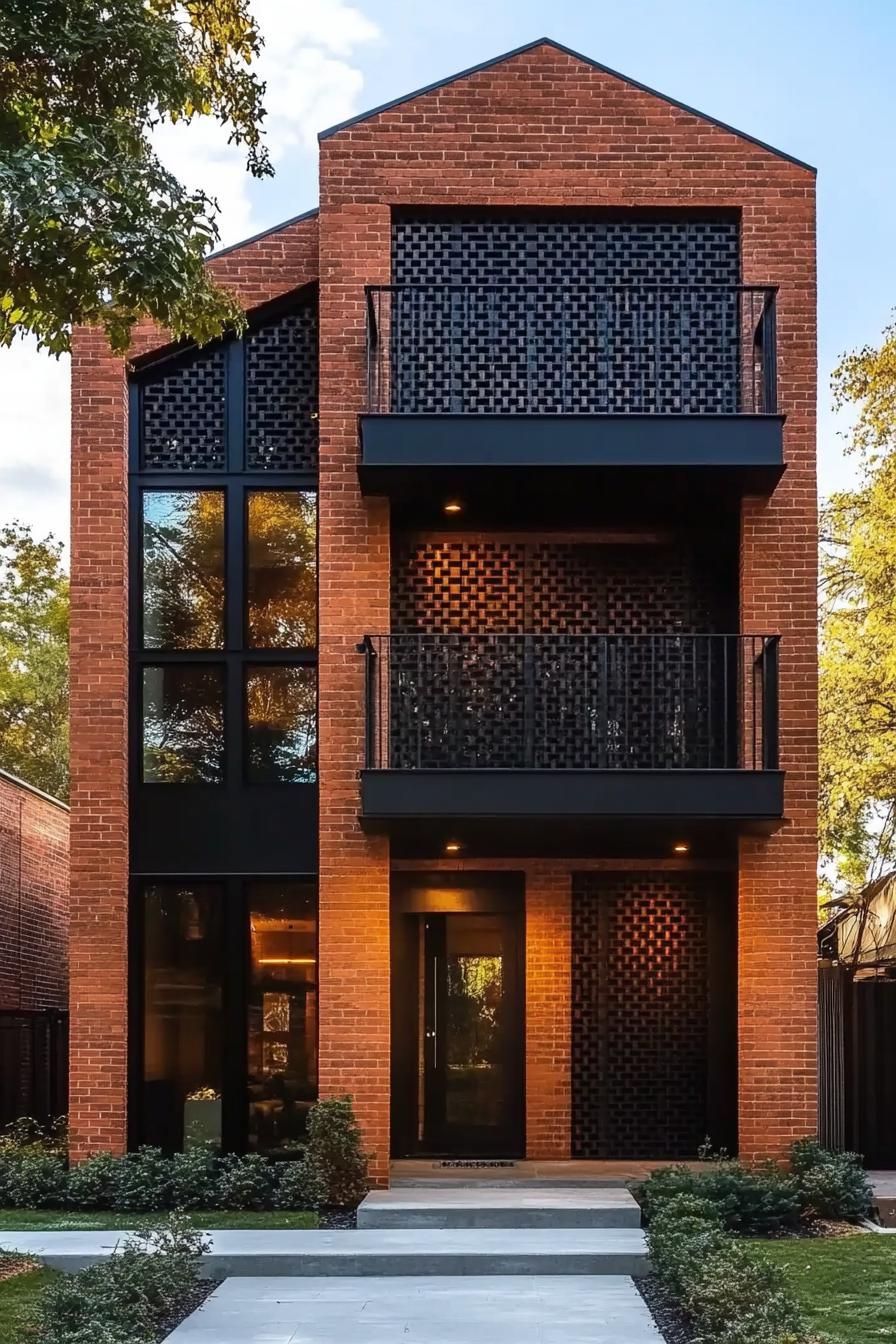 Modern brick facade house with large windows and balconies