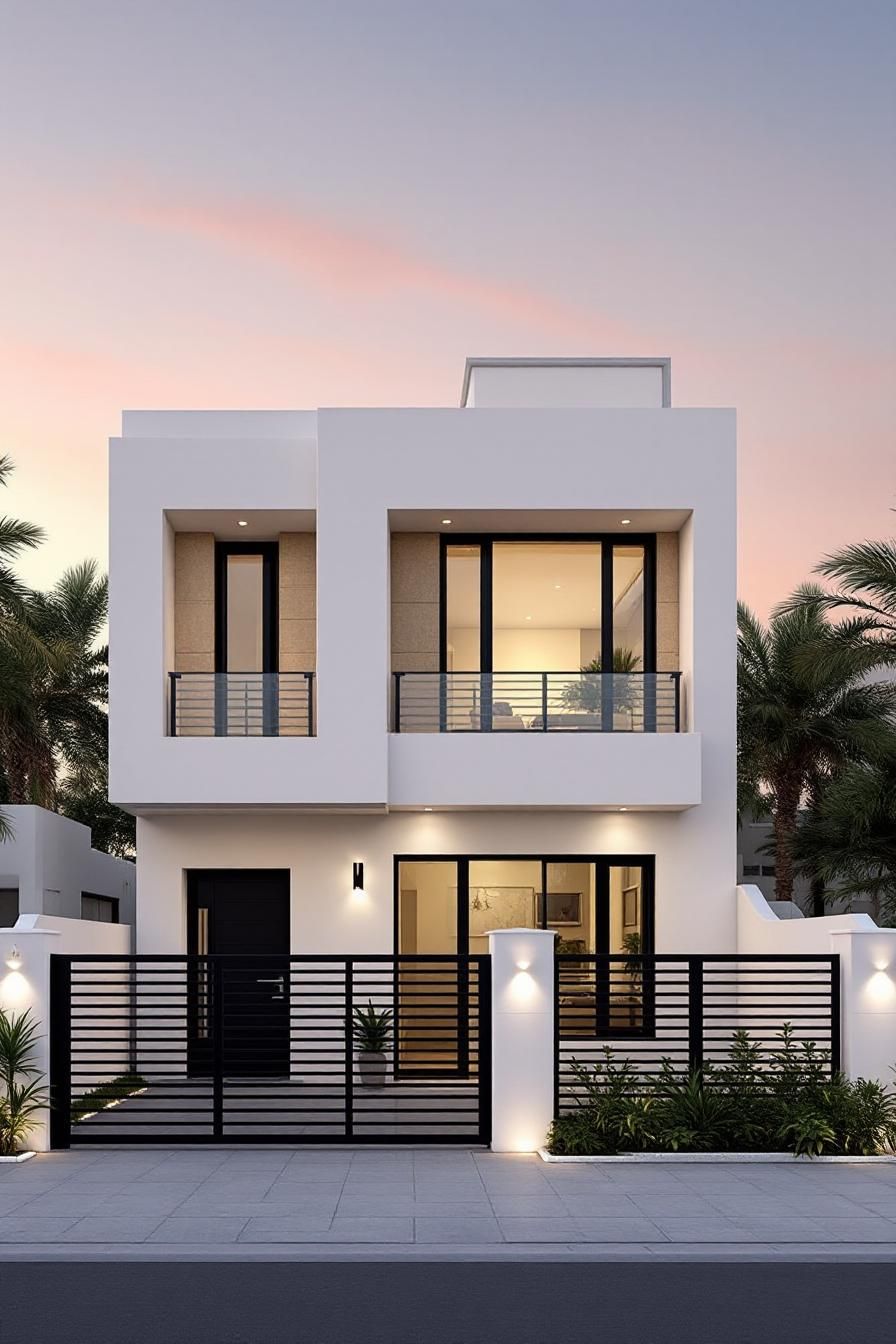 Contemporary white house with balcony and gate at dusk