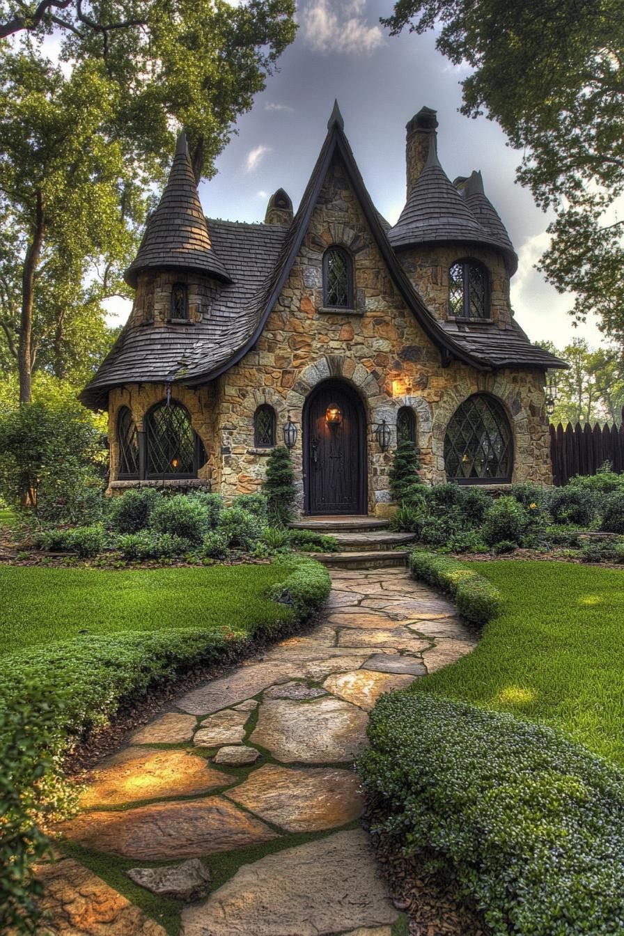 Stone cottage with enchanting turrets and lush greenery