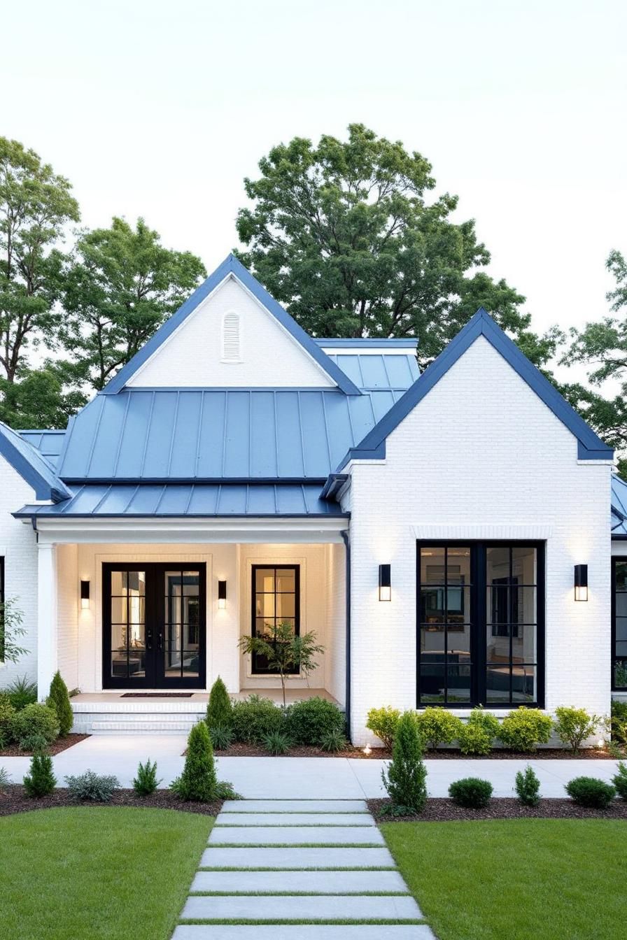 Modern ranch house with striking gabled roof and manicured lawn