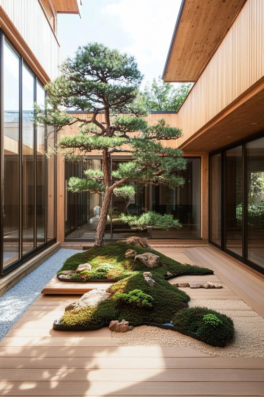 Japanese courtyard with a bonsai tree and moss garden